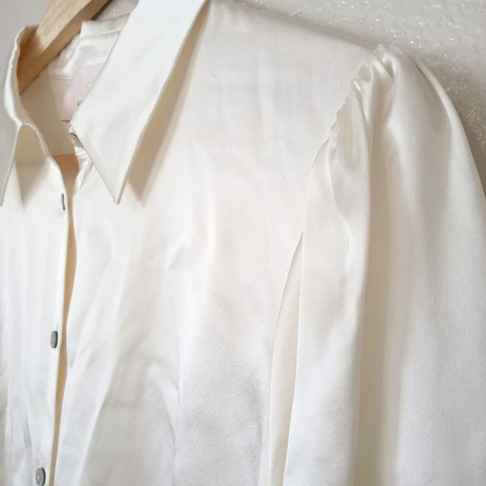 Cinq à Sept Silk Fiona Satin Cinched Sleeve Blouse Top Ivory
